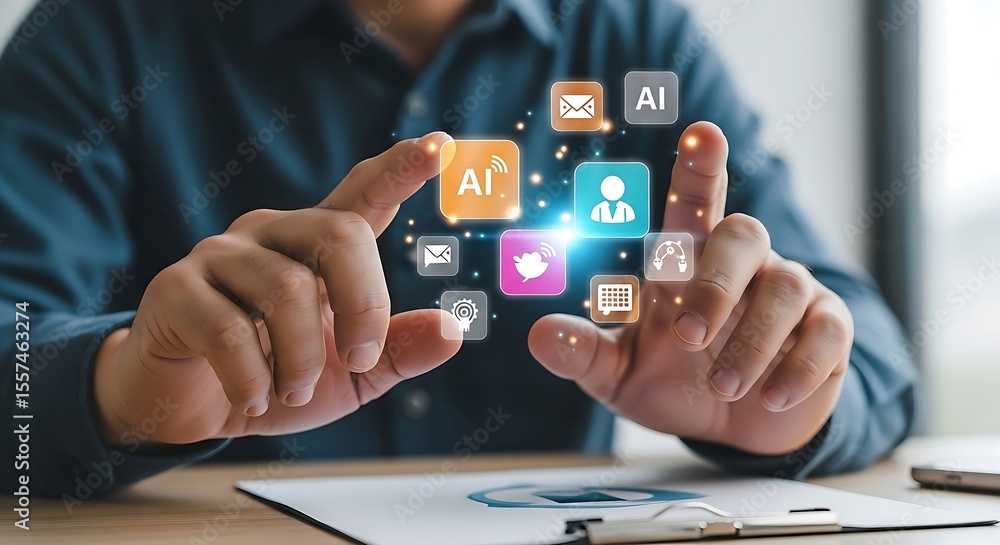 Poster person interacting with ai technology, touching a digital interface with floating app icons, showing
