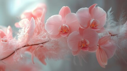 Obraz na płótnie Canvas Delicate pink orchids with soft feathers create a dreamy, elegant floral scene with gentle lighting.