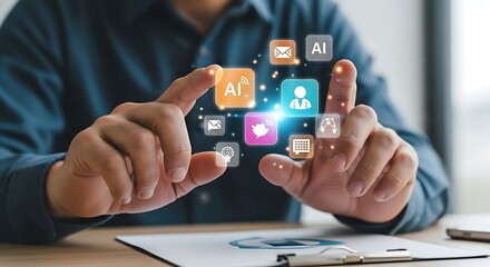 Person interacting with AI technology, touching a digital interface with floating app icons, showing business strategy.