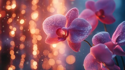 Pink orchids with water droplets, glowing bokeh lights in the background, creating a dreamy and elegant floral scene. © Molka