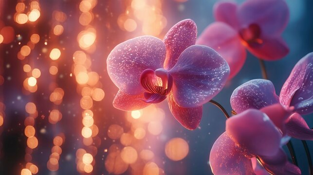 Pink orchids with water droplets, glowing bokeh lights in the background, creating a dreamy and elegant floral scene.
