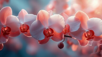Elegant pink orchids in full bloom, illuminated by soft sunlight with a dreamy, blurred background.