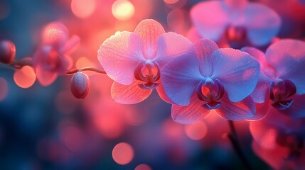 Delicate pink orchids with dew drops glow against a dreamy bokeh background in vibrant blue and red hues. © Molka