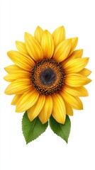 Naklejka premium Vibrant Yellow Sunflower with Green Leaves on White Background