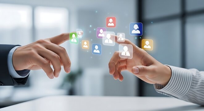 Business professionals reaching out to touch virtual profiles in a digital networking and social media connections concept.