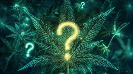 Medicinal cannabis leaf dissolving into intricate fractal patterns of glowing healing energy with floating question marks, double-exposure fusion of botanical science and metaphysical therapy concepts