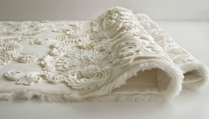 Ornate white vintage rug intricate detail texture soft elegant decorative textile rolled luxurious floral pattern plush home decor fabric classic delicate fringe traditional interior design cozy