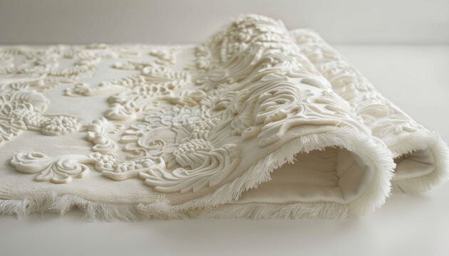 Ornate white vintage rug intricate detail texture soft elegant decorative textile rolled luxurious floral pattern plush home decor fabric classic delicate fringe traditional interior design cozy