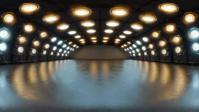 Spacious room with LED lights, reflective floors.