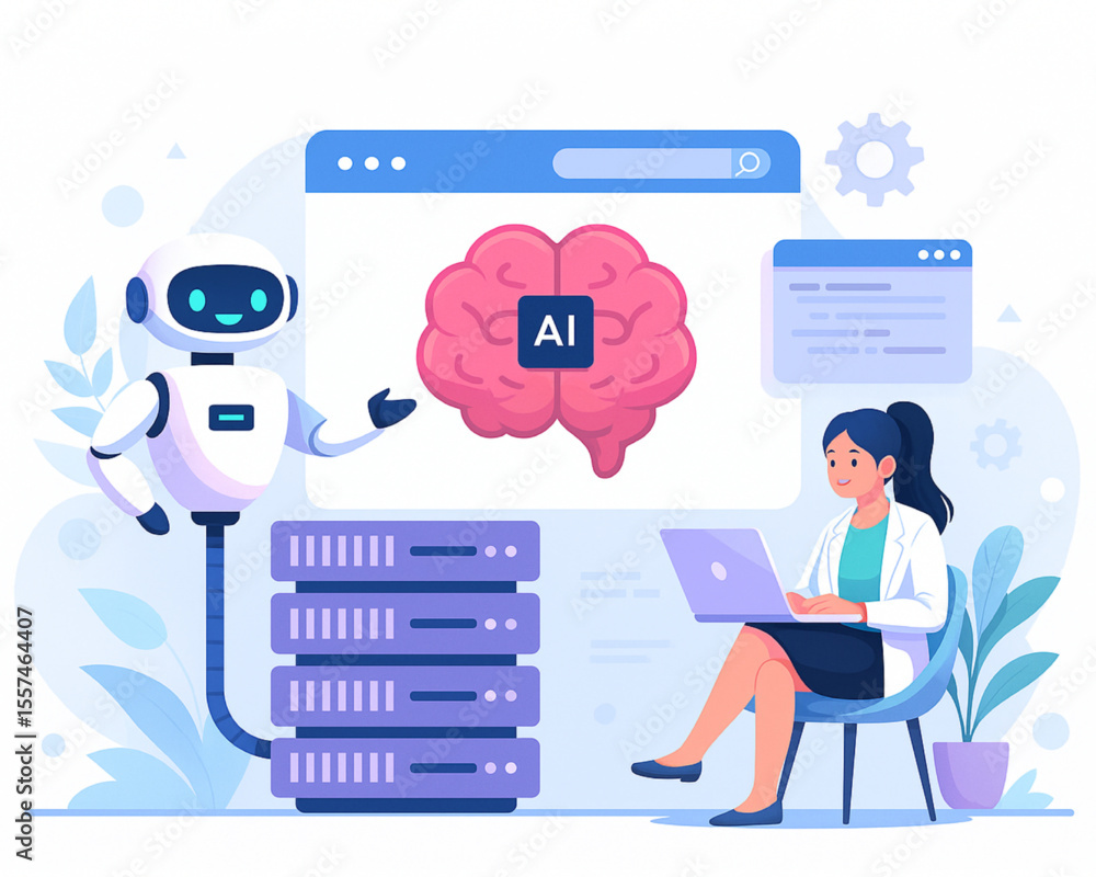 Poster robotic assistance with artificial intelligence showcases innovation, featuring a woman scientist co