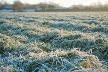 The frost-covered fields, with a thin layer of frost on the grass