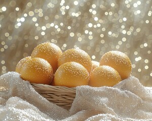 Oranges in a basket, covered in a fine dusting, on a bed of sheer fabric, with a blurred background of golden lights