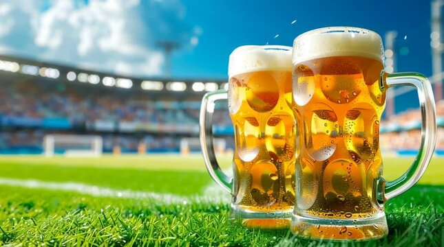 Refreshing beer mugs with sports stadium background