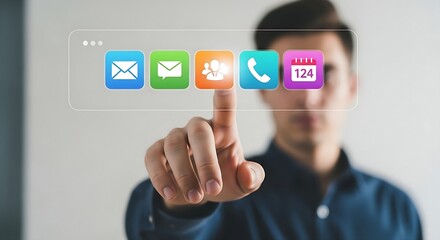 Young man interacting with virtual interface featuring digital communication and collaboration apps on a bright background.