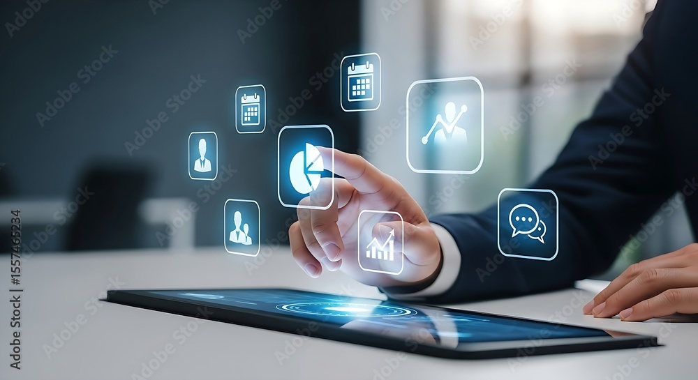Poster businessman interacts with virtual data on a tablet, showcasing digital transformation and data anal