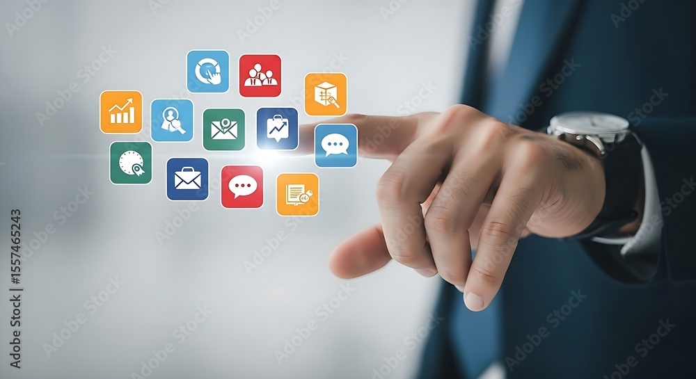 Aufkleber man touches colorful app icons in air, interacting with modern technology and data for business solu