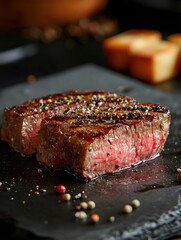 The surface of the grilled steak is golden brown and crispy, revealing a tender pink interior when sliced