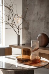 The minimalist industrial product display stage is presented with bold lines, creating a warm and soft atmosphere with a subtle background