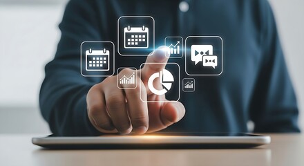 Business professional uses touch screen device for planning, data analysis, and effective communication.