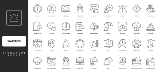 Alert messages with exclamation mark notice, signs warn of error, hazard thin black outline symbols vector illustration. Warning and attention, danger caution, safety problem line icon set.