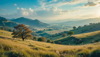 Fototapeta premium A picturesque landscape unfolds at sunset, showcasing rolling green hills, a valley dotted with farms, and solitary trees silhouetted against a vibrant sky. The scene is bathed in warm, golden light.