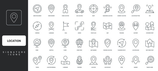 Geo position of target, route of journey, compass, pointer thin black outline symbol vector illustration. Location on map for destination and home address, distance path, GPS pin line icon set.