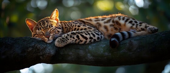 Obraz premium A leopard cat rests quietly on a tree branch, bathed in soft sunlight