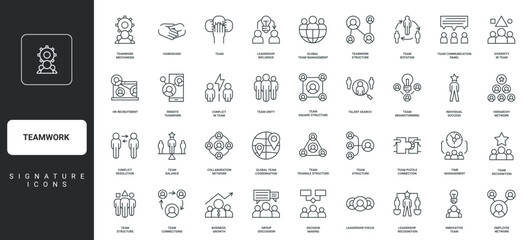 Leadership and team, group organization, workforce structure thin black symbols vector illustration. Teamwork communication, organizational department chart, hierarchy scheme line icon set.