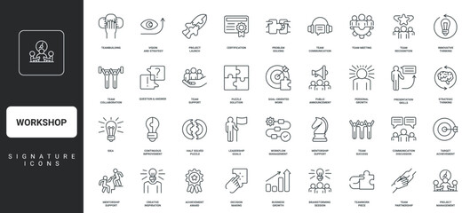 Problem solving, workflow and project management, strategy to growth thin black vector illustration. Workshop, team building and problem presentation, brainstorm, gamification line icon set.