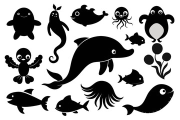 Cute Sea Animals Silhouette Vector Set – Kawaii Ocean Creatures Icon Pack for Kids