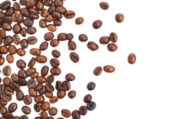 Roasted scattered coffee beans flat lay top view on white background cutout file. Mockup template for artwork. Wallpaper banner