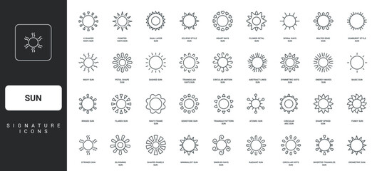 Sunny weather in summer and spring, winter and autumn thin black symbols vector illustration. Sun assortment of different rays types and round frame, sunlight decoration line icon set.