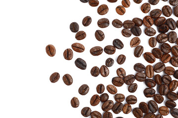 Roasted scattered coffee beans flat lay top view on white background cutout file. Mockup template for artwork. Wallpaper banner