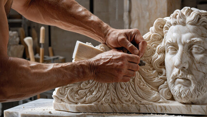 Skilled Sculptor Carving Detailed Marble Bust with Chisel