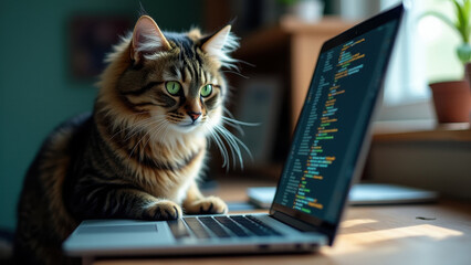 Curious cat exploring laptop screen during work