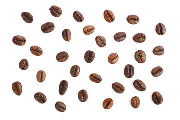 Roasted scattered coffee beans flat lay top view on white background cutout file. Mockup template for artwork. Wallpaper banner