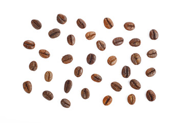 Roasted scattered coffee beans flat lay top view on white background cutout file. Mockup template for artwork. Wallpaper banner