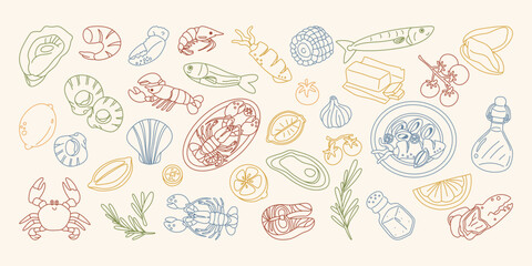 Colorful seafood outline set with fish, lobster, herbs, and lemon. Great for menu, background, banner, or coloring page.