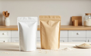 White and kraft standing pouch on wooden kitchen counter with oats and glass jar, lifestyle mockup for rustic organic product branding