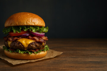 Premium Bacon Cheeseburger with Fresh Veggies on Brioche Bun