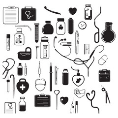 Medical and Healthcare Line Icons Set - Black and White Vector Illustration of Hospital Tools and Equipment