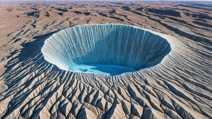 Aerial View of a Gigantic Sinkhole with Turquoise Water in Desert