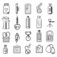 Medical and Healthcare Line Icons Set - Black and White Vector Illustration of Hospital Tools and Equipment