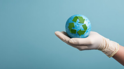 Healthcare hospital sustainability. Hand holding globe symbolizing healthcare and sustainability in hospital practices