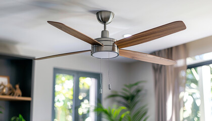 Ceiling fan modern minimalism living room wood metal interior home contemporary comfort enhances relaxing atmosphere with natural light and greenery in stylish space