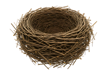 Natural bird nest made of twigs and branches isolated on transparent background