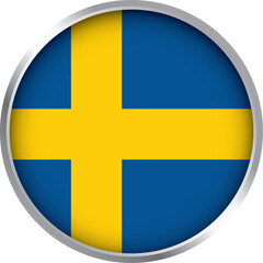 round icon of sweden national flag with yellow nordic cross and metallic border – symbol of identity and pride

