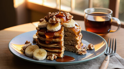 Stack of golden pancakes with syrup pouring, topped with bananas and walnuts for a delicious breakfast.
