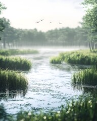 The wetland is lush with aquatic plants, the water surface glistens