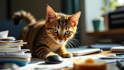 Cat blocking workspace while owner works remotely